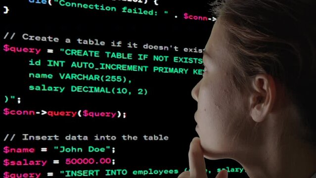 Young female programmer analyzing programming language PHP, HTML, Database for website. She used AI  helping to create code and she looking for errors in the code of programming languages from AI.