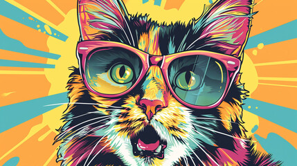 Wow pop art cat face. Cat with colorful glasses pop art background. Animals characters - obrazy, fototapety, plakaty