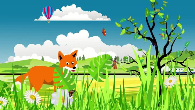 Red fox on wild natural landscape cartoon 2d animation