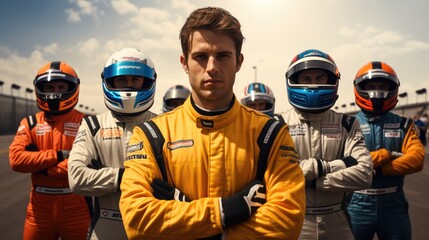 Formula drivers with their overalls and helmets looking at the camera with arms crossed on a...