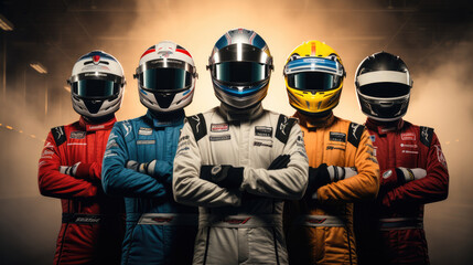 Formula drivers with their overalls and helmets looking at the camera with arms crossed on a straight line of the circuit. Generative AI. - obrazy, fototapety, plakaty