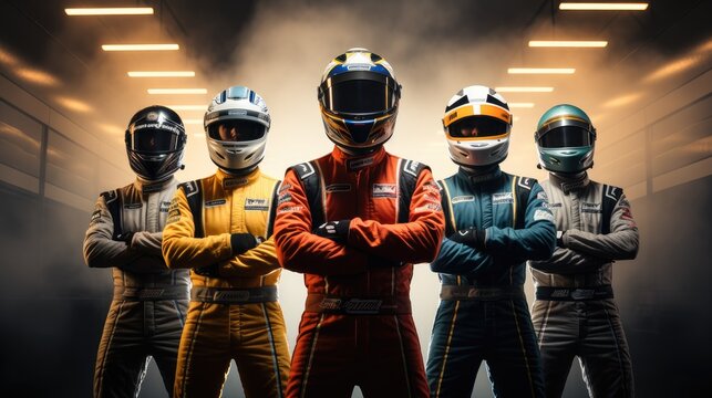 Formula drivers with their overalls and helmets looking at the camera with arms crossed on a straight line of the circuit. Generative AI.