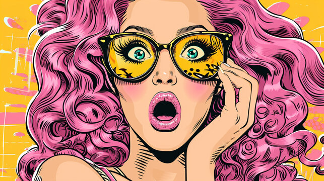 Wow pop art face. Sexy woman with colorful glasses pop art background. Festival cover
