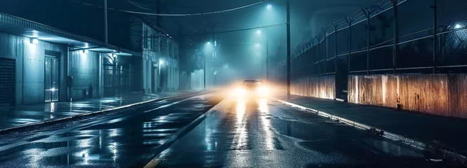 Fotobehang car with headlights on on a rainy city street on midnight © kilimanjaro 