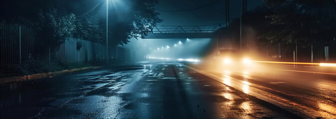 car with headlights on on a rainy city street on midnight - obrazy, fototapety, plakaty