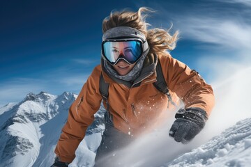 Fototapeta na wymiar Woman play snowboarding on ski slopes. Generative AI.