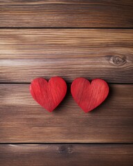Romantic valentine's day scene: two red hearts on wooden background, love concept