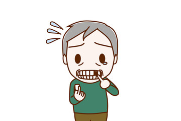 （上半身正面）前歯が折れてしまい涙目で焦っている高齢の男性