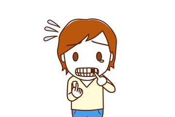 （上半身正面）前歯が折れてしまい涙目で焦っている白人男性