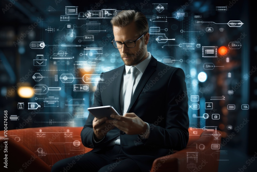 Poster images of chat messages on a screen, business consulting, businessman in suits. generative ai.