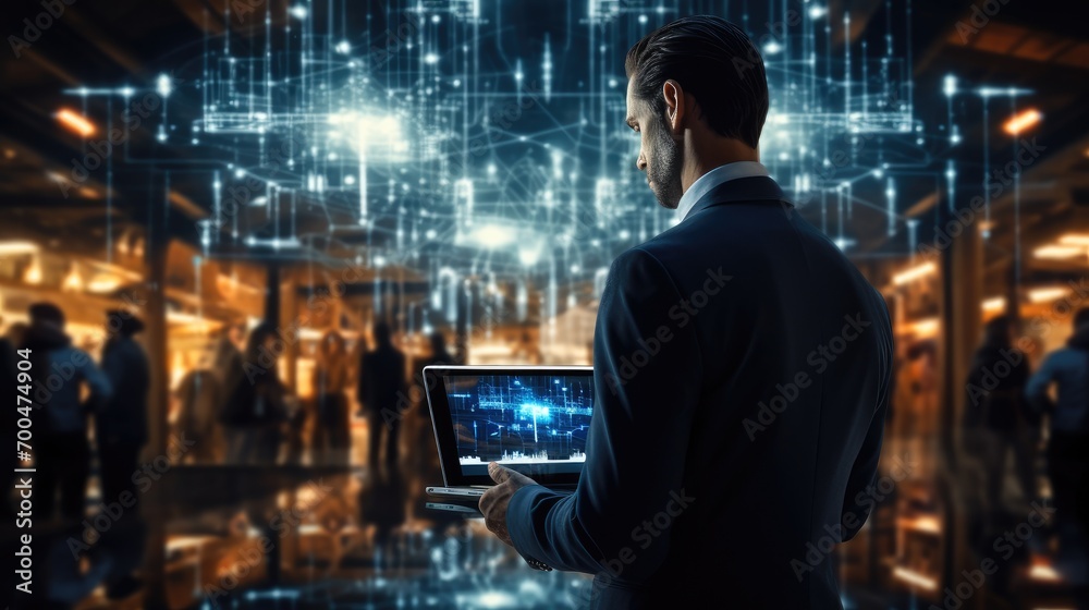 Poster Businessman use tablet with global structure customer network technology, Data exchanges development, Customer service, Social media, Digital marketing online. Generative AI.