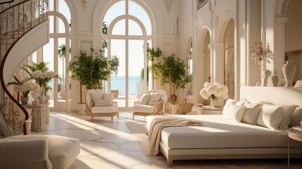 Fototapeta na wymiar The interior design of the villa is in a romantic retro style. Generative AI.