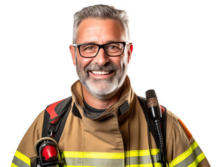 smiling firefighter in uniform ready to serve isolated on transparent background