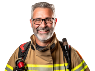 smiling firefighter in uniform ready to serve isolated on transparent background