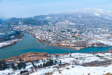 Jvari Monastery is one of the most famous place in Georgia. Top view of with Mtskheta town and the...