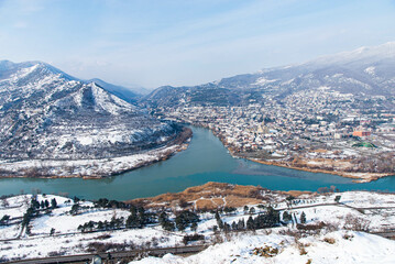 Jvari Monastery is one of the most famous place in Georgia. Top view of with Mtskheta town and the...