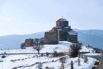 Jvari Monastery is one of the most famous place in Georgia. Top view of with Mtskheta town and the...