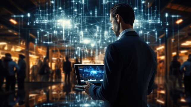 Businessman use tablet with global structure customer network technology, Data exchanges development, Customer service, Social media, Digital marketing online. Generative AI.