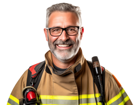 smiling firefighter in uniform ready to serve isolated on transparent background