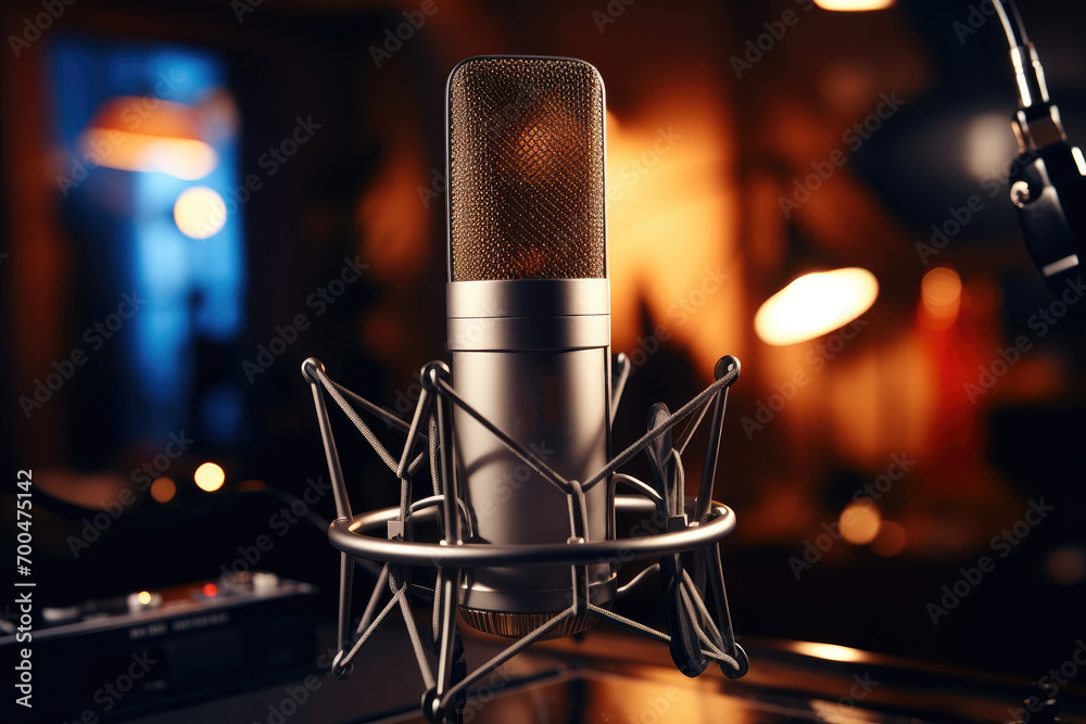 Poster Recording studio and close-up on microphone. Generative AI.