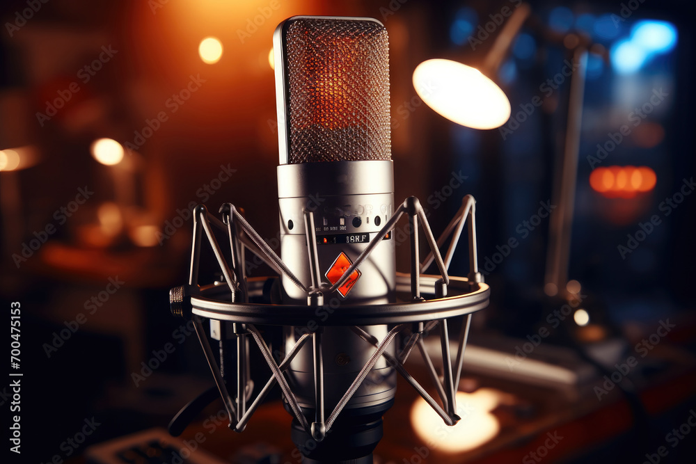 Poster Recording studio and close-up on microphone. Generative AI.