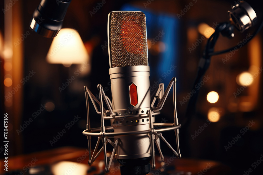 Poster Recording studio and close-up on microphone. Generative AI.