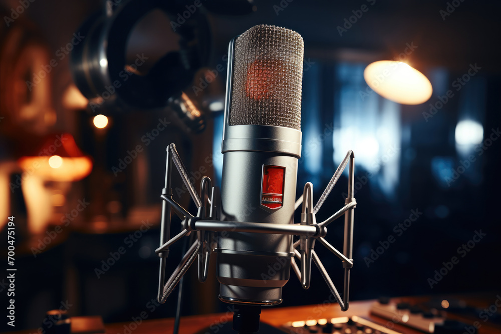 Poster recording studio and close-up on microphone. generative ai.