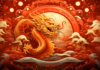 Golden dragon and paper cut plum blossoms. Celebration banner for the Chinese New Year