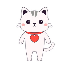 White cat kitten kitty wearing red heart locket. Funny head face. Happy Valentines Day. Contour line doodle. Cute cartoon kawaii animal character. Flat design. Love card. White background. Isolated.