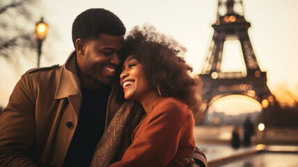 Young couple by Eiffel tower at sunset in Paris the city of love by Ai generate.