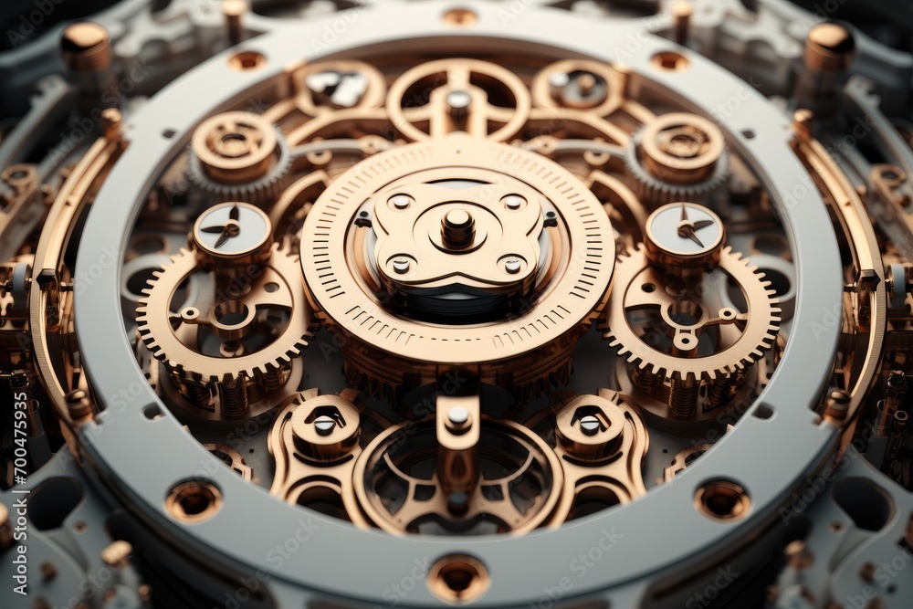 Poster A delicate machine, Made up of countless gears and circuits. Generative AI.