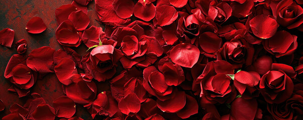 Beautiful background of red rose petals and buds on the table, top view. - obrazy, fototapety, plakaty