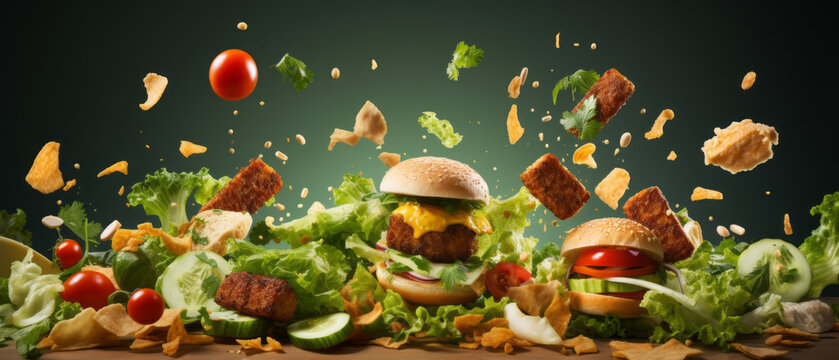 Flying cheese burger with delicious ingredients by Ai generate.