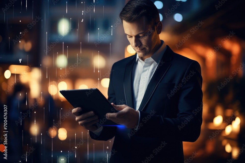 Poster business person in dark blue suit he is holding a modern tablet with dark bokeh background with many