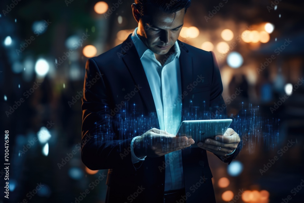 Aufkleber business person in dark blue suit he is holding a modern tablet with dark bokeh background with many