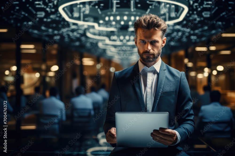 Poster professional businessman working with tech in modern business. generative ai.