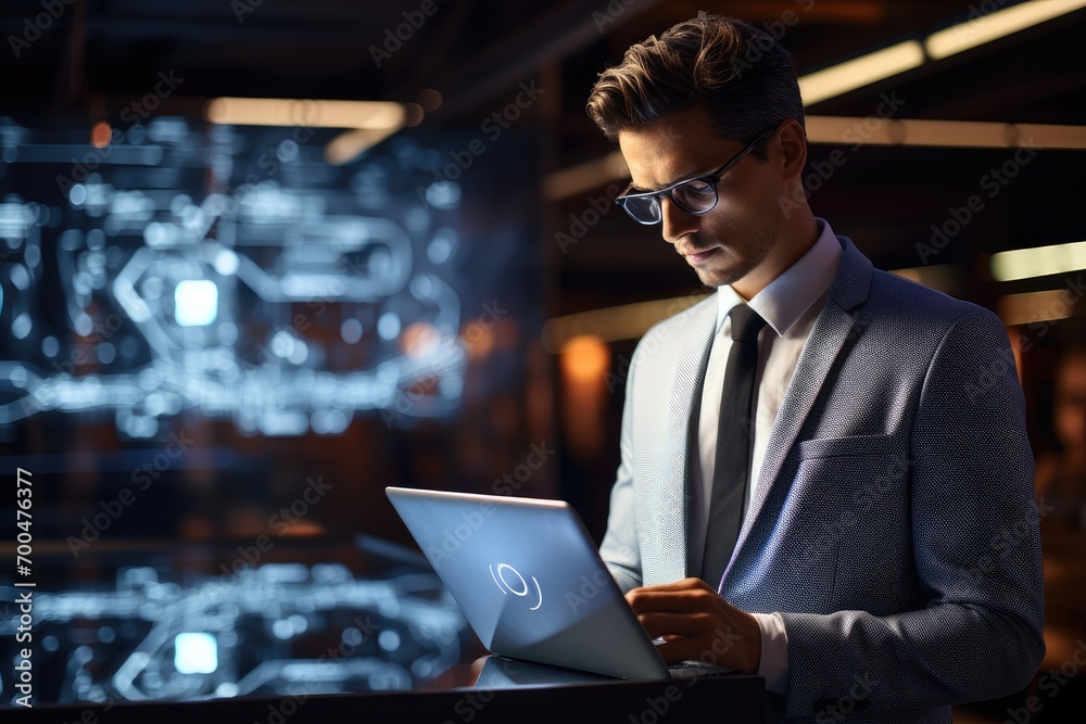 Poster professional businessman working with tech in modern business. generative ai.