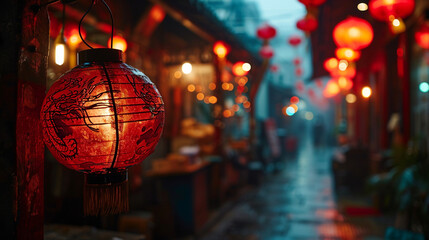 hanging red Chinese Lantern with Chinese dragon symbol