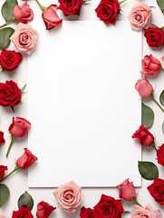 Vertical top view blank card red and pink rose love and wedding decoration Valentines day background