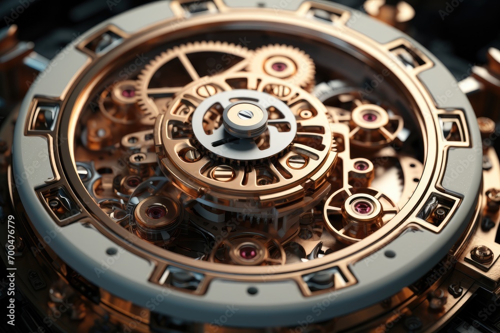 Poster A complex mechanism, Consisting of many gears and levers. Generative AI.