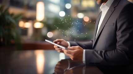 Man using digital tablet computer, Close up of the hand, Business and technology background with copy space. Generative AI.