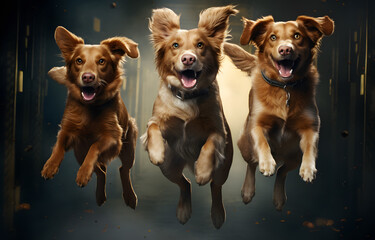 Cute happy pets dogs jumping, flying on studio background