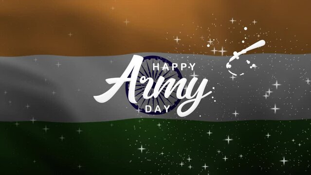 Happy Army Day Lettering Text Animation with waving flag background. Celebrate Indian National Day on 15th of January. Great for celebrating Indian Army Day.