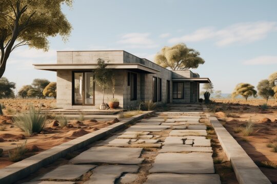The rural one story and half brick concrete residential building. Generative AI.