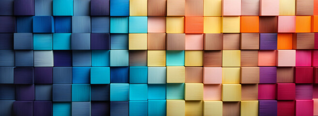 Spectrum of colorful wooden blocks aligned.