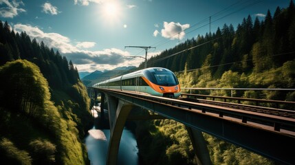 A modern passenger train crosses a valley bridge. Generative AI. - obrazy, fototapety, plakaty