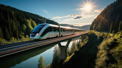 A modern passenger train crosses a valley bridge. Generative AI. - obrazy, fototapety, plakaty