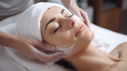 Fototapeta na wymiar In a Cosmetology Clinic, Beautician Applies Facial Cleansing Foam and Offers a Relaxing Skin Massage