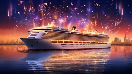 Celebrating love: valentine’s day cruise with stunning fireworks on the stern of a luxurious cruise ship in the ocean at sunset - obrazy, fototapety, plakaty