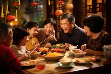 Focus on Family Members Participating in Chinese New Year Traditions, Including Red Envelope Exchange and Festive Dining - Powered by Adobe